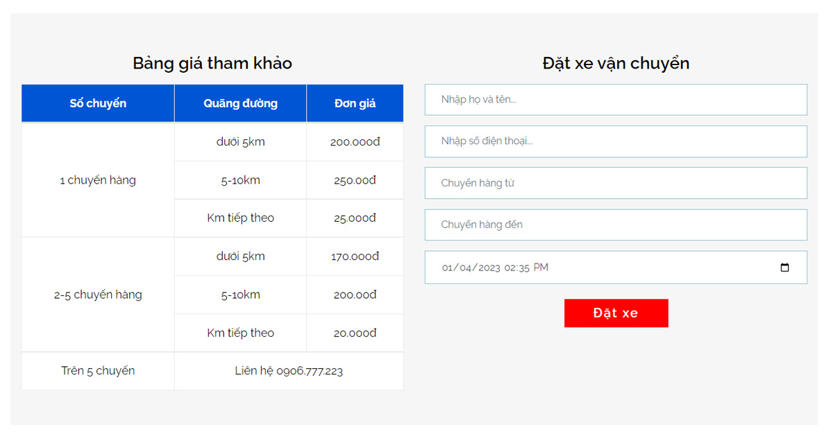 Quý khách điền đầy đủ thông tin và nhấn vào nút “Đặt xe”